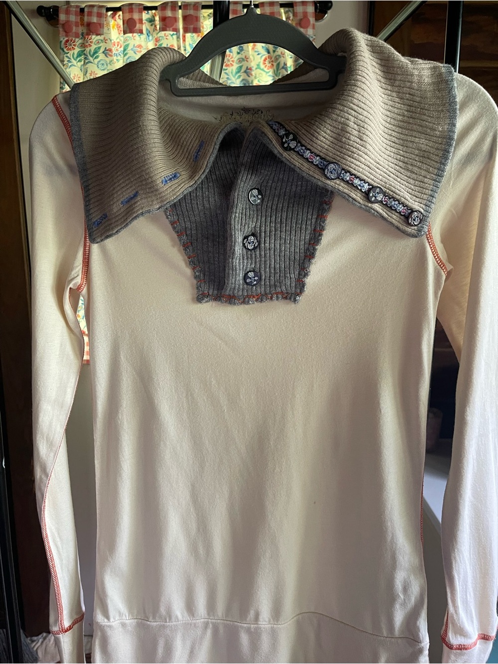 Free People Cream Long Sleeve Top with Gray Ribbed Collar
